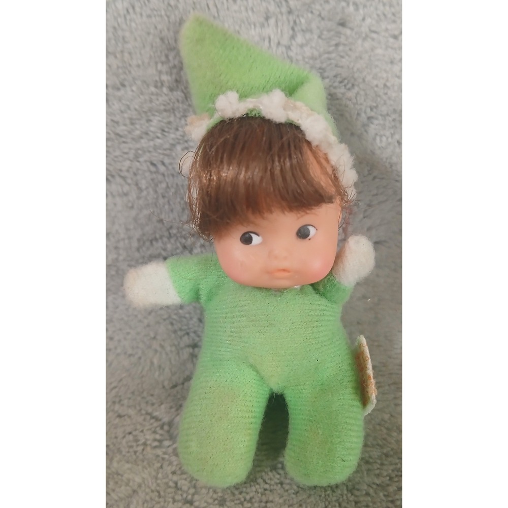 Vtg Fun World Green Elf Pixie Doll Vinyl Face Plush 3" Hong Kong Toy Bean Filled